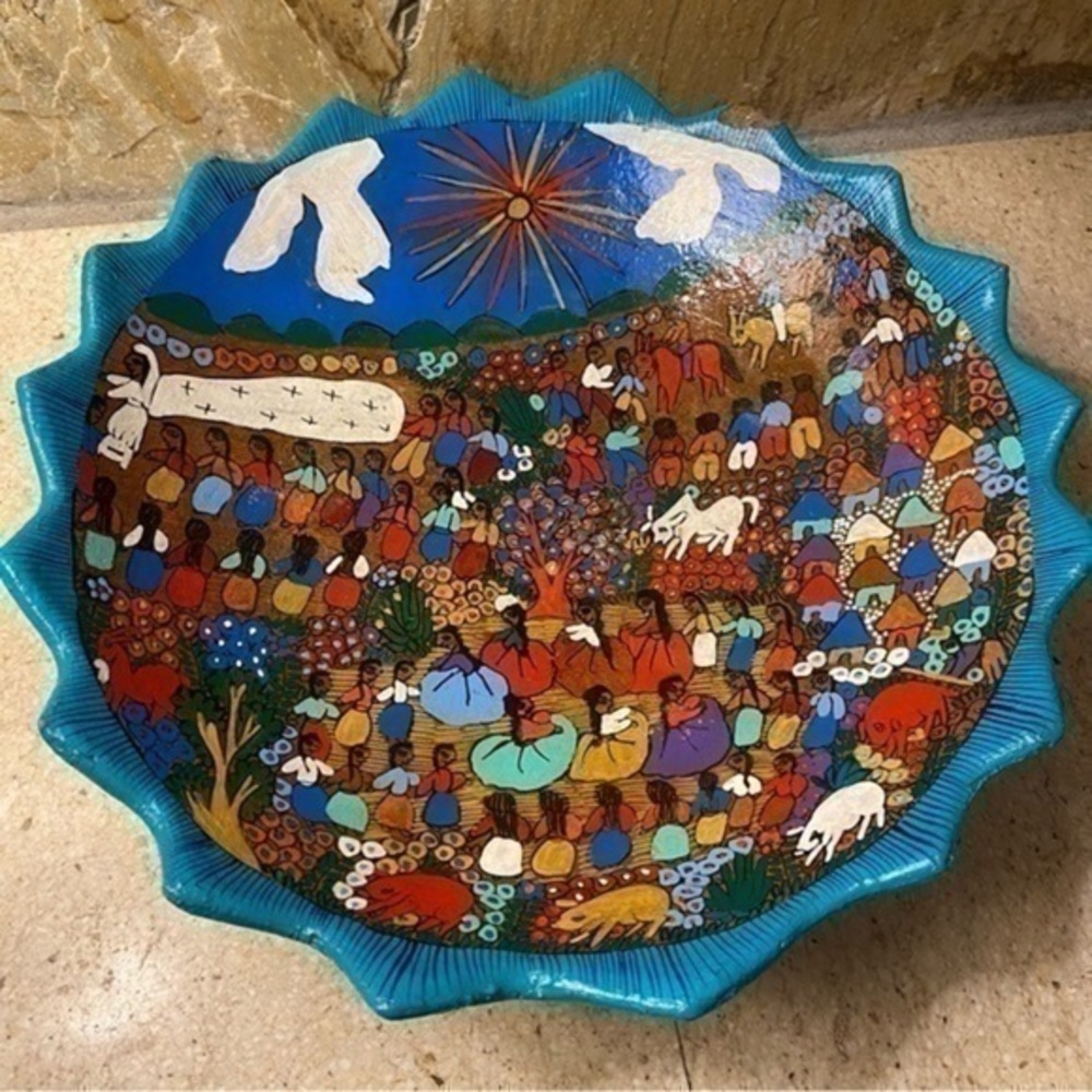 Mexican folk art decorative dish in vibrant colours and signed by artist JPS